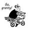 Picture drawing `grandmother, come on!` full gay funny grandmother riding a bicycle grandson, digital art sketch