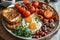 picture of english breakfast with eggs, tomatoes, , bacon, beans, mushrooms and sausage