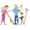 Picture of a family cleaning at home. Cleaning, cleanliness in the apartment, house. Vector illustration