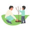Picture of a father planting plants with a child. Vector illustration
