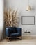 Picture frame mock up in modern living room interior background with dark blue armchair and gray wall, minimalistic scandinavian