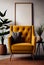 Picture frame mockup with comfortable yellow armchair against white wall background. Wall frame mockup. Home interior concept