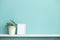 Picture frame mockup. White shelf against pastel turquoise wall with potted schefflera plant