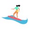 A picture of a girl on a surfboard on a white background. Vector illustration