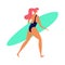 A picture of a girl on a surfboard on a white background. Vector illustration