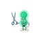 A picture of green streptococcus pneumoniae Barber cartoon character working with scissor