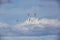 Picture of a group of flying flamingos in front of an impressive cloud scenery