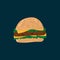 Picture Of a hamburger with meat. American food on the run hand-drawn. Vector Hamburger bun with cutlet sauce, sausage, ketchup,