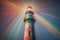 Picture illustrating a lighthouse emitting a spectrum of colors, symbolizing the concepts of hope, joy, and diversity