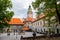 Picture of the interior patio of the State Castle with the Castle Tower at the background, the most famous symbol of Cesky Krumlov