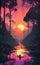 A picture of a jungle sunset over a river in orange and red colors Generative AI