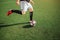 Picture of man playing football. He is going to kick ball. Guy plays on field alone. It is sunny outside. Cut view.