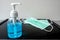Picture of medical surgical mask and alcohol hand sanitizer, wash dirt to prevent germs