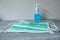 Picture of medical surgical mask and alcohol hand sanitizer, wash dirt to prevent germs