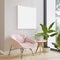 Picture mockup on light wall above modern pink armchair and plants. Modern minimalistic Scandinavian style interior design. Poste