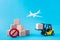 Picture of nice white aircraft plane flying electric forklift carrying pile stack cubes abroad forbidden sign ignore