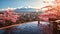 the picture of Onsen with sakura and Fuji mountain background, very detail, Golden light, wide angle