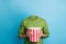 Picture photo sketch collage of unknown unusual weird anonymous guy hold bucket pop cort watching movie  on blue