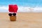 Picture of  pineapple wearing sunglass and Santa Claus hat on the tropical beach. New Year and Christmas concept. Happy New Year