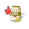 A picture of pistachio milk mascot cartoon design holding a Foam finger