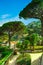 Picture postcard with terrace with flowers and trees in the garden Villas Rufolo in Ravello. Amalfi Coast Campania Italy