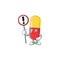 A picture of red yellow capsules cartoon character concept holding a sign