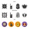 Picture, sarcophagus of the pharaoh, walkie-talkie, crown. Museum set collection icons in black, flat, monochrome style