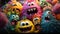 The picture shows a cluster of brightly colored, 3D-rendered squishy monsters with exaggerated proportions and amicable looks that