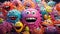 The picture shows a cluster of brightly colored, 3D-rendered squishy monsters with exaggerated proportions and amicable looks that