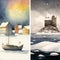 Picture of a Snowy Norwegian Village with a Boat. Collage of Images, Nature of the North. Generated Ai