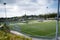 A picture of some soccer fields taken with tilt-shift effect.