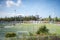 A picture of some soccer fields taken with tilt-shift effect.