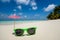 Picture of sunglasses on the tropical beach, vacation. Traveller dreams concept