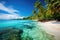 A picture of a tranquil tropical beach with swaying palm trees and sparkling clear water, A tropical paradise with a palm-lined