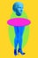 Picture of venus head instead of body and woman`s beautiful blue legs in high heels shoes on acid yellow color