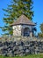 Picture with very old stone house, interesting wooden tile roof