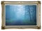 Picture in vintage frame. Mystical autumn forest with trail in blue fog. Beautiful landscape with trees, path, fog. Nature backgro