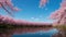 A Picture Of A Visually Stunning View Of A Lake With Pink Trees AI Generative