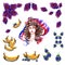 Picture of a watercolor girl with a red violet blue ribbon hairstyle curls bananas purple leaves vegetation nature blueberry and b