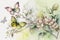 A picture in which butterflies flutter over a blossoming branch of an apple tree. Spring mood. Watercolor style. AI generated