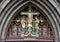 Pictured a closeup view of `Christ in Majesty`, above front door of Saint Mark`s Episcopal Church, Philadelphia, Pennsylvania