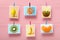 Pictures with fruits hanging on a linen thread on stationery on clothespin on a colored background, concept of cheerful mood,