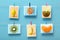 Pictures with fruits hanging on a linen thread on stationery on clothespin on a colored background, concept of cheerful mood,
