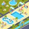 Pictures of outdoor attractions in water park. Vector isometric illustrations