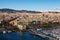 Picturesque aerial landscape of historic part of Barcelona during sunny day