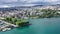 Picturesque aerial view from lake Geneva of Swiss town of Lausanne