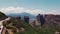 picturesque aerial view of Meteora and the town of Kalambaka in Greece