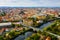 Picturesque aerial view of old buildings of Pilsen cityscape with river and ponds