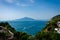 Picturesque aerial view of Vico Equense with its amasing architecture and Mount Vesuvius in the south of Italy.