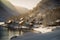Picturesque Alpine Retreat: Wooden Homes Nestled Amidst Snowy Peaks and Crystal Waters, ai generative